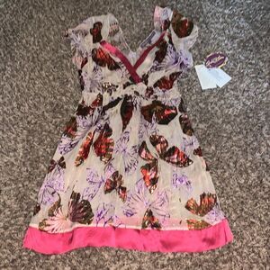 NWT Hale Bob pink butterfly-patterned long blouse, size S.
